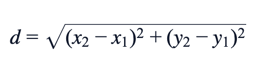 d = √[(x₂−x₁)²+(y₂−y₁)²]