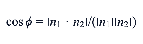 cos φ = |n₁ · n₂| / (|n₁||n₂|)