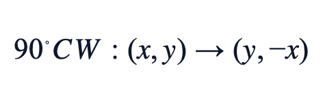 90° CW: (x,y)→(y,−x) 90° CW: (x,y)→(y,−x)