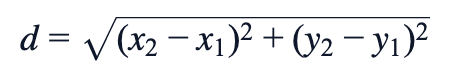 d = √[(x₂−x₁)²+(y₂−y₁)²]