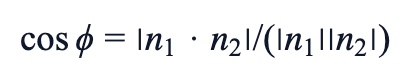 cos φ = |n₁ · n₂| / (|n₁||n₂|)